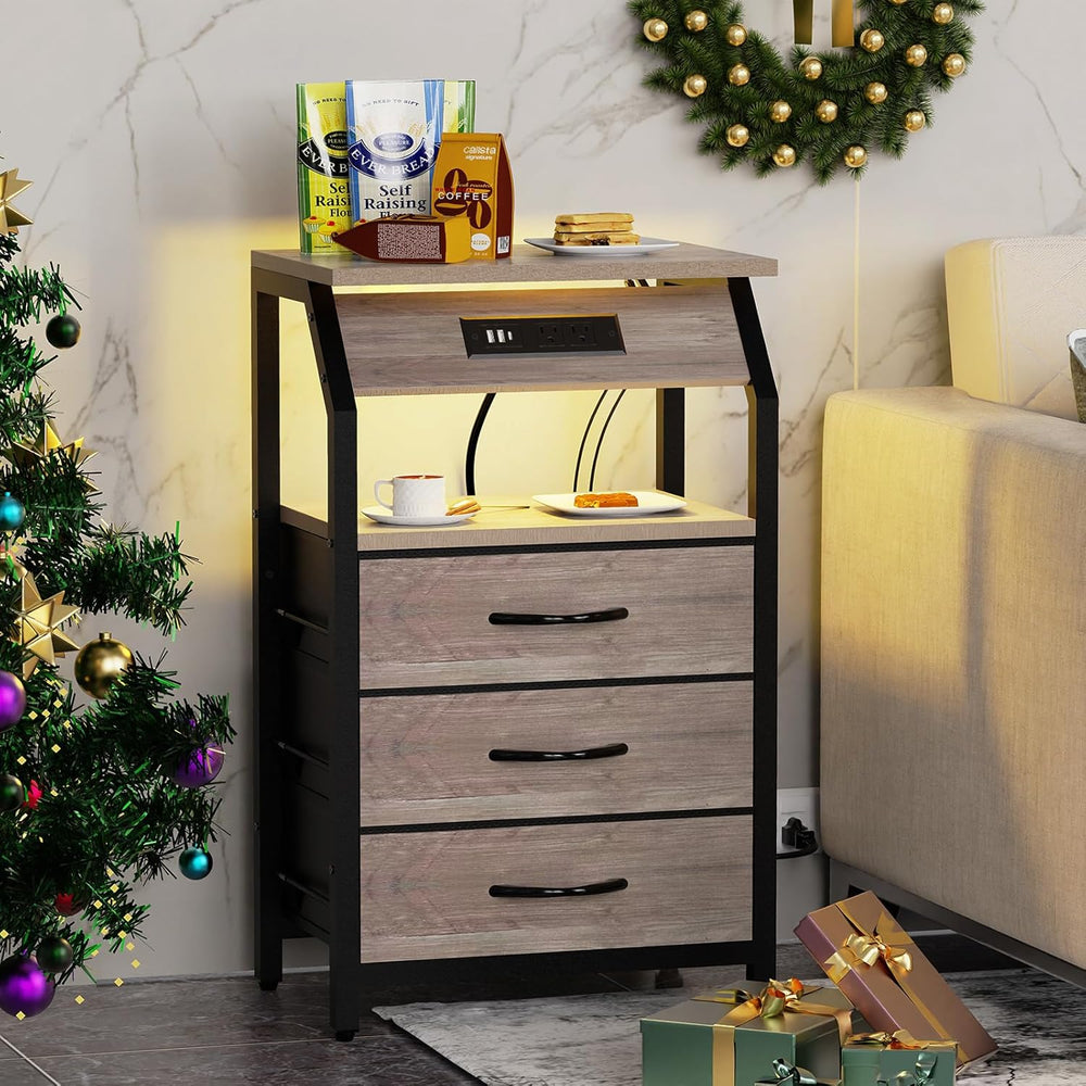 SZLHANJZ End Table with 3 Drawers, Night Stand with Charger Station and LED L...