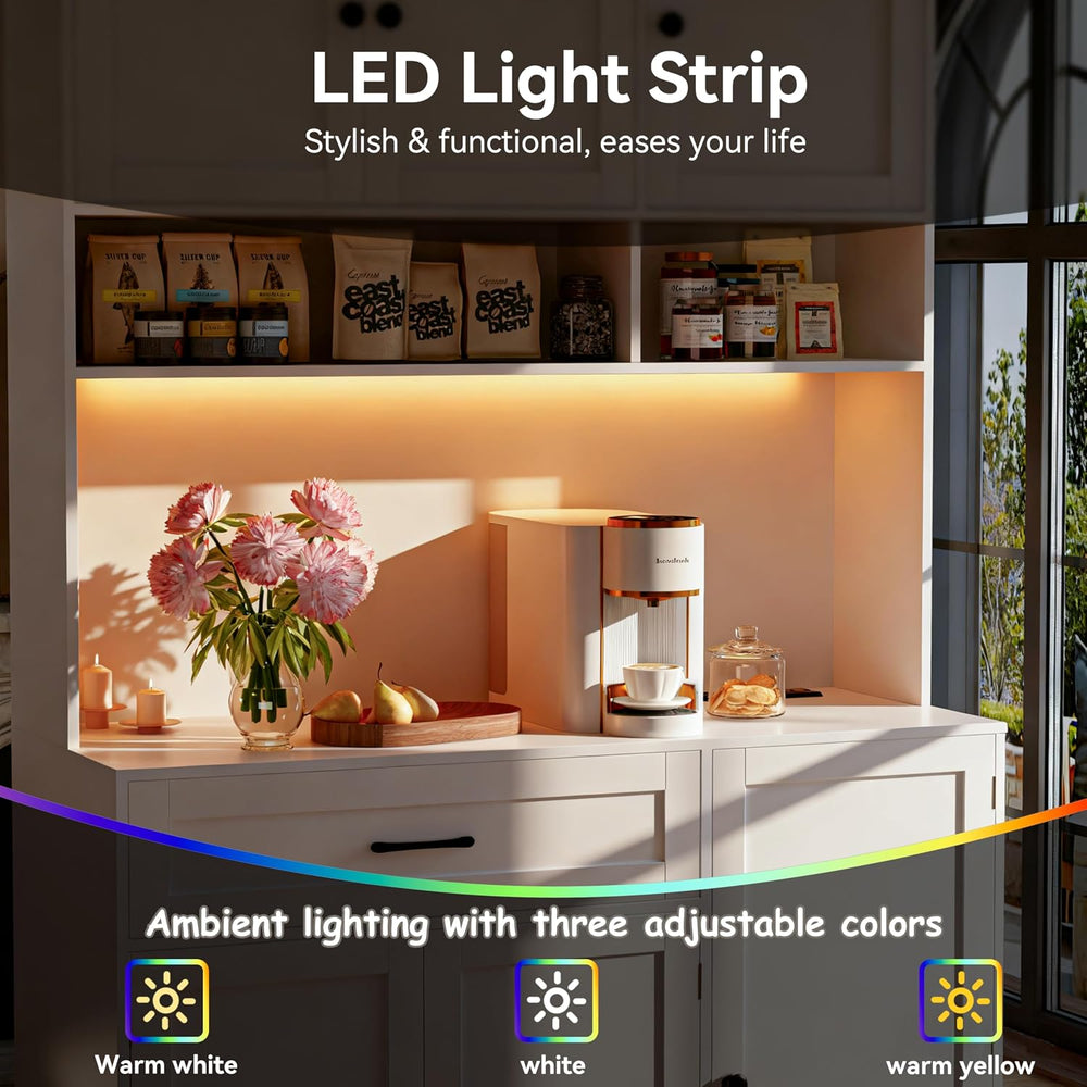 FJTJBSI 72" Kitchen Pantry Cabinet with LED Light and Charging Station T...