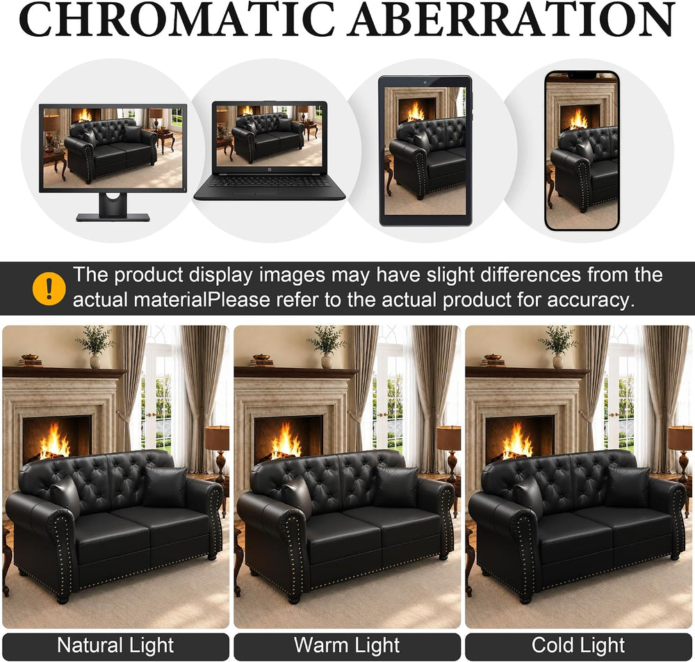 2-Piece Faux Leather Chesterfield Sofa & Loveseat Set with Ottoman, Black