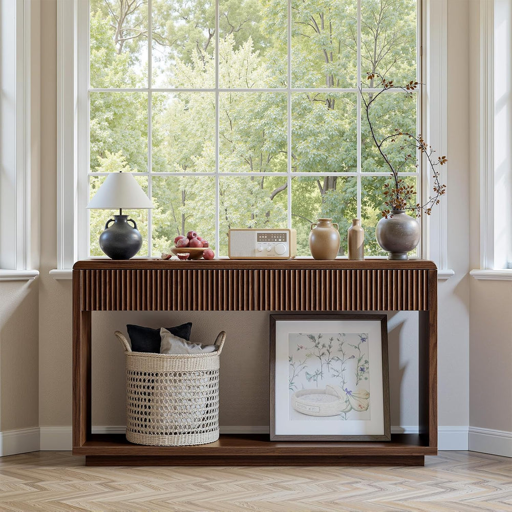 Evermagin 59'' Walnut Console Table with Drawers, Sofa Table with Sto...