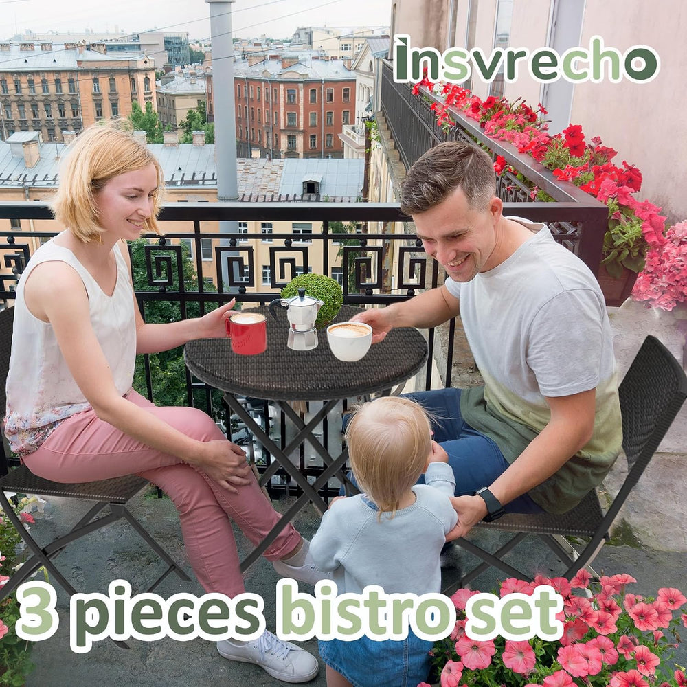 3 Pieces Folding Bistro Set PE Wicker Rattan Outdoor Patio Furniture Sets wit...