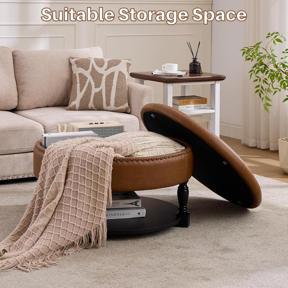 31.5 Inch Large Round Storage Ottoman with Wood Shelf Multifunctional Coffee ...