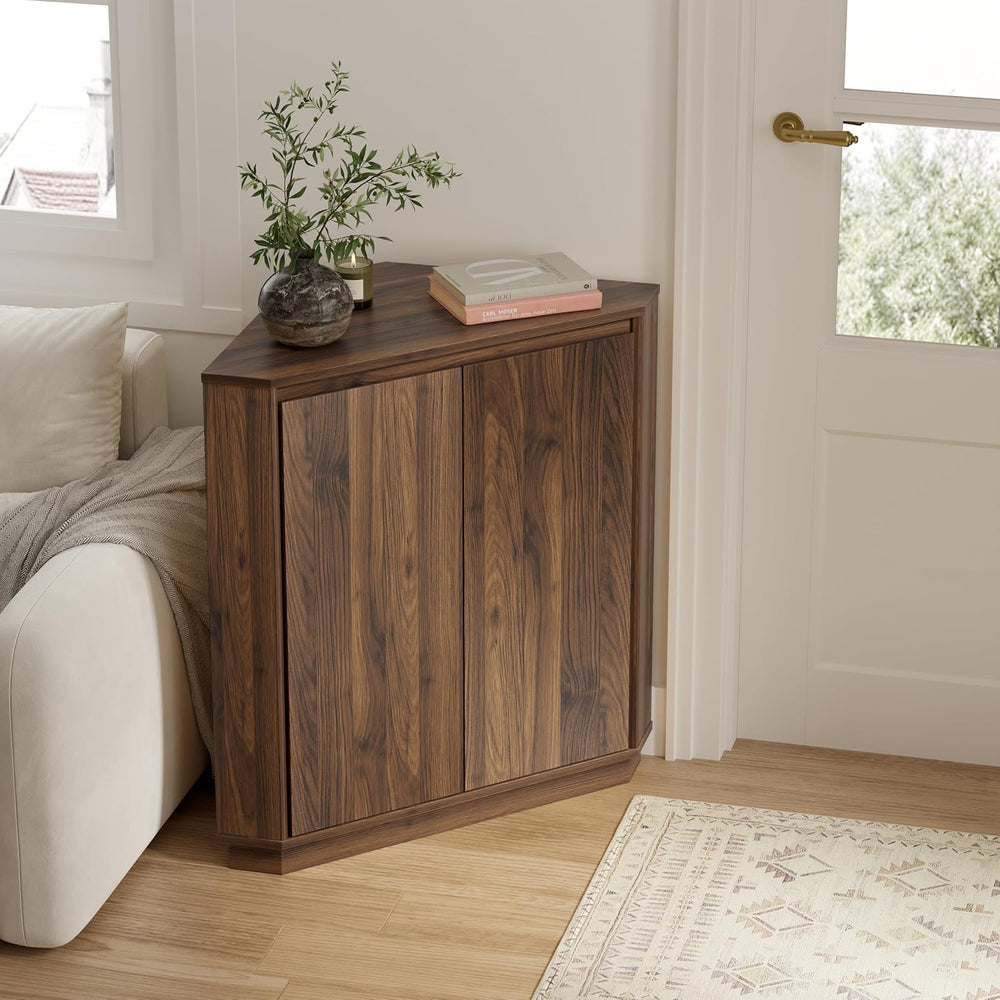 Corner Cabinet, Modern Handless Corner Floor Cabinet with 2 Doors and 2-Tier ...