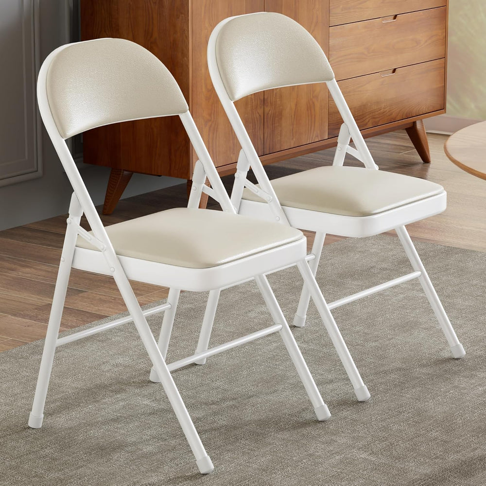 VECELO Folding Chairs Set of 2, Faux Leather Padded, Beige | Folding chairs w...