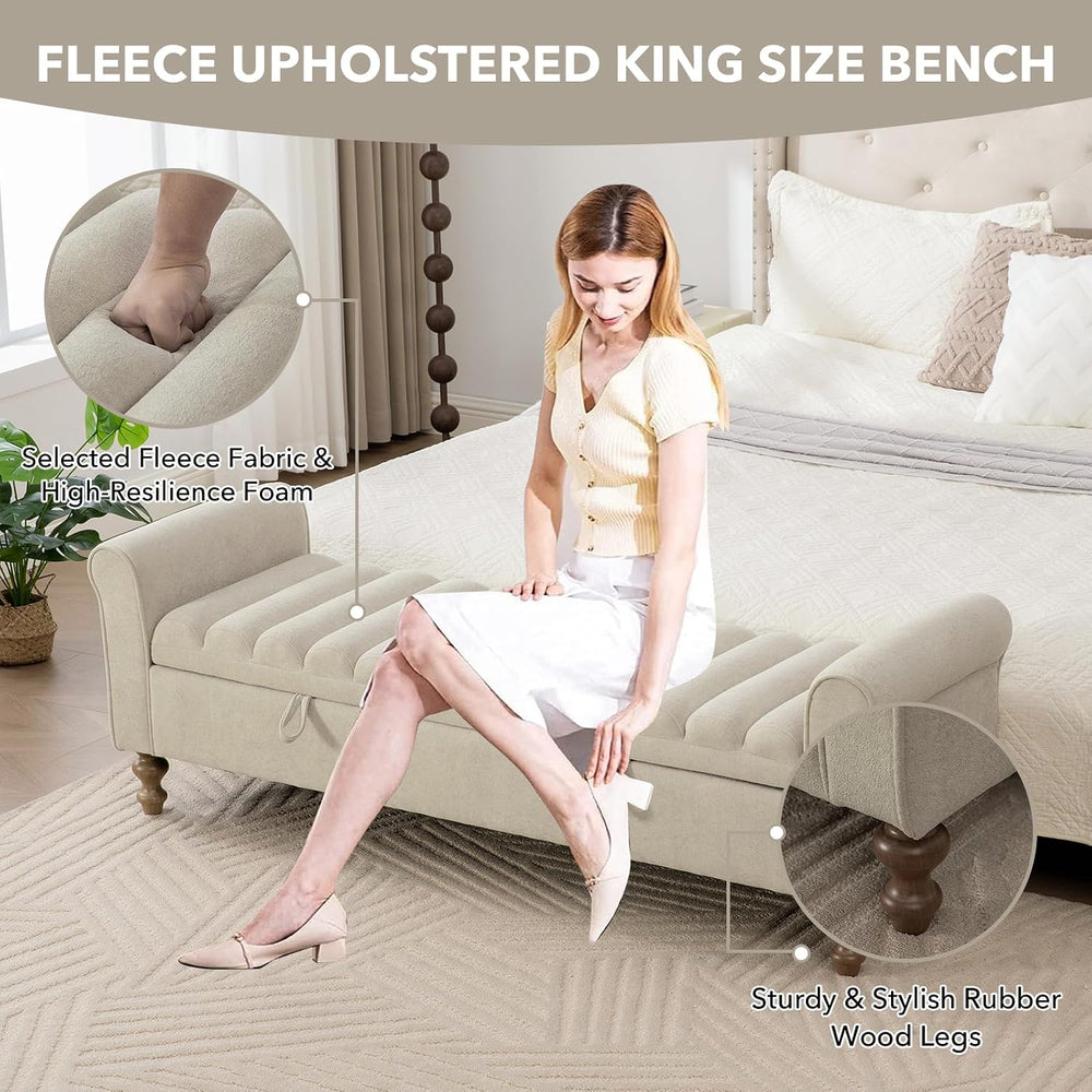 65" Oversize Storage Ottoman Bench, Fleece Upholstered End of Bed Benche...