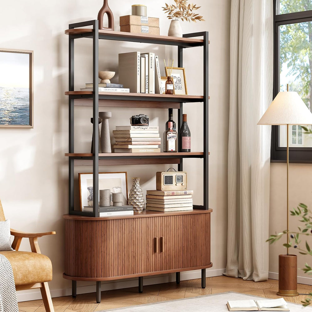 ONBRILL 71" Tall Bookshelf, 4-Tier Book Shelf with Storage Cabinet, Walnut