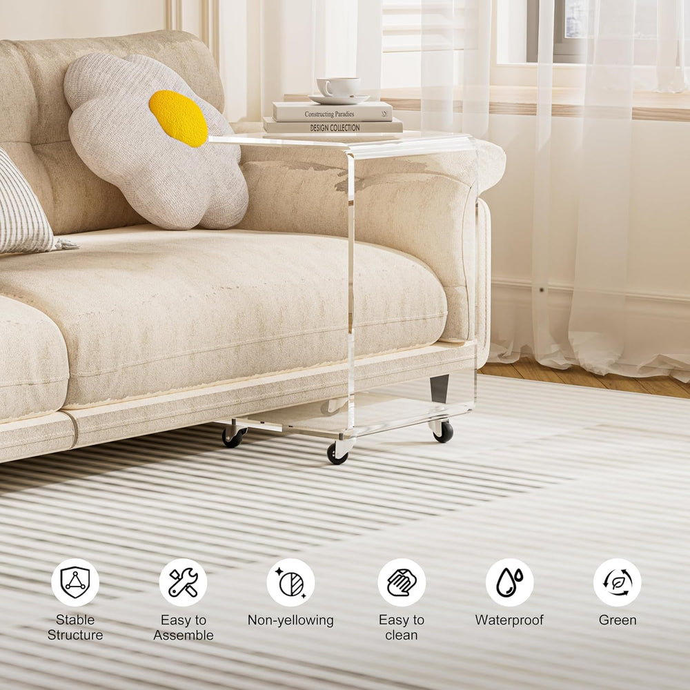 Acrylic Side Table with Wheels, Movable C Shaped Sofa Table with Storage, Rol...