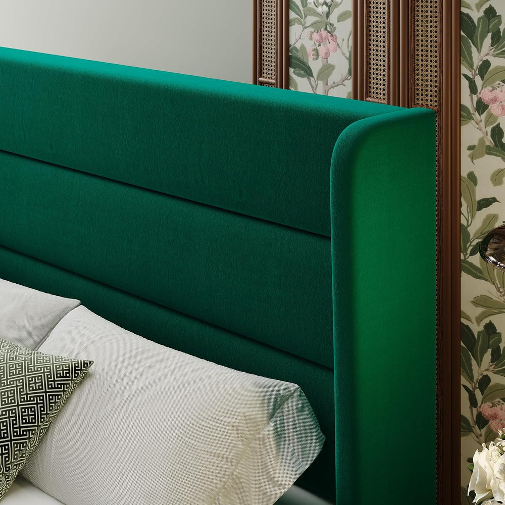 SHA CERLIN King Size Velvet Bed Frame with Wingback Headboard/Upholstered Pla...