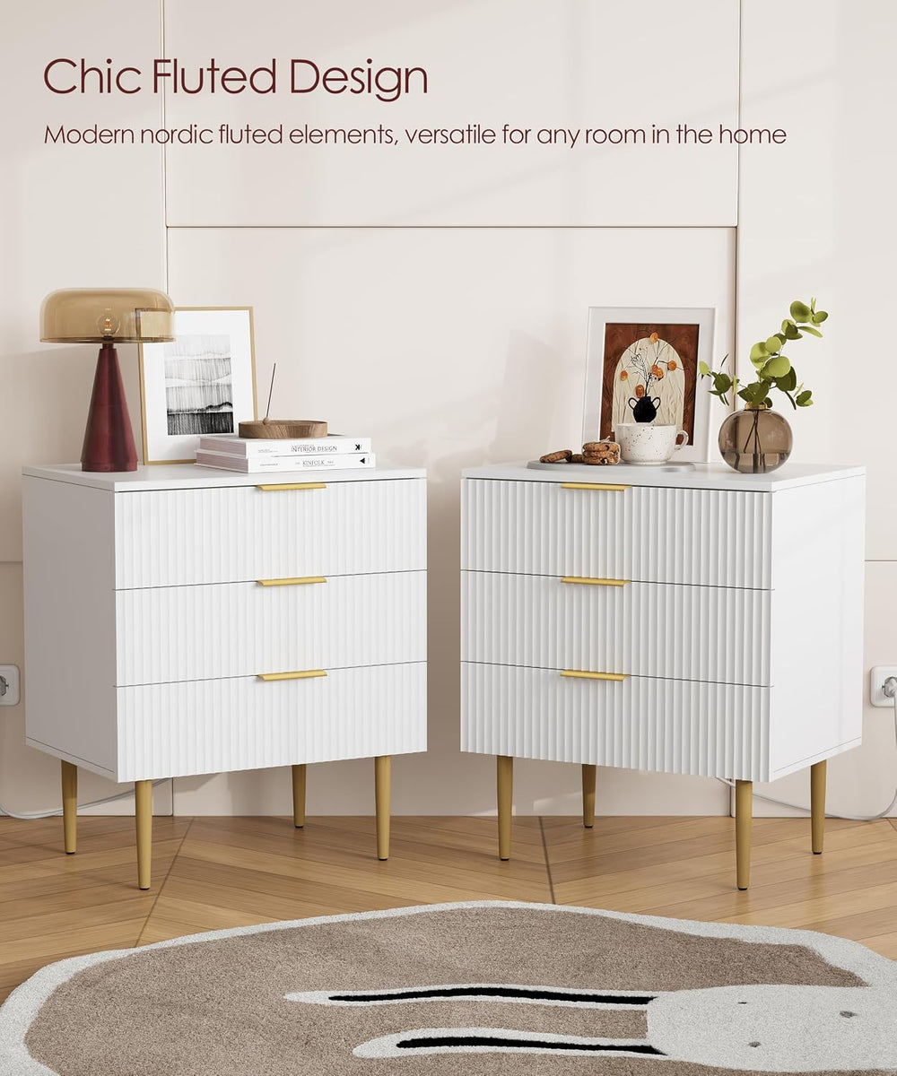 Akxomel Fluted Nightstand Side Table with Charging Station White Bedroom | 3 ...