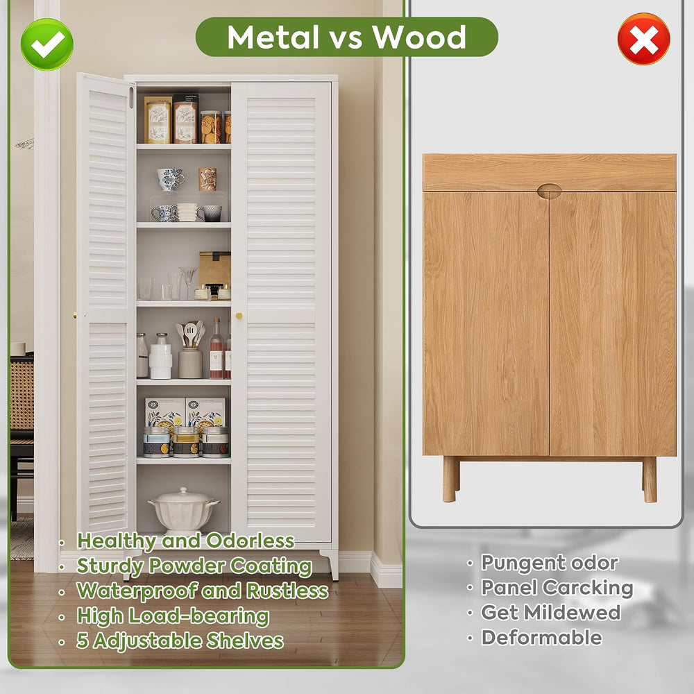74" H Tall Kitchen Pantry Cabinet with Louvered Doors, Metal Storage Cab...