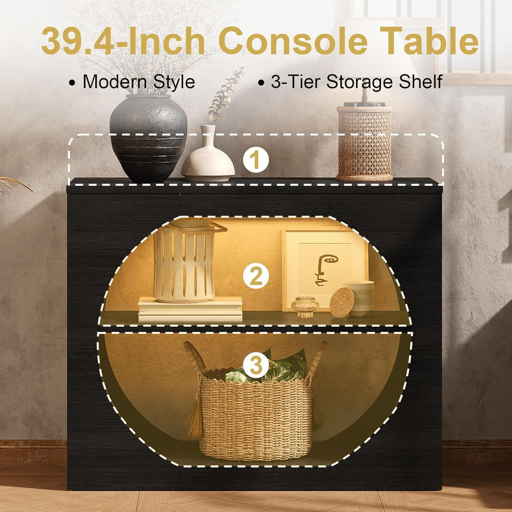 Entryway Table, 39'' Black Console Table with LED Light 3-Tier Modern...