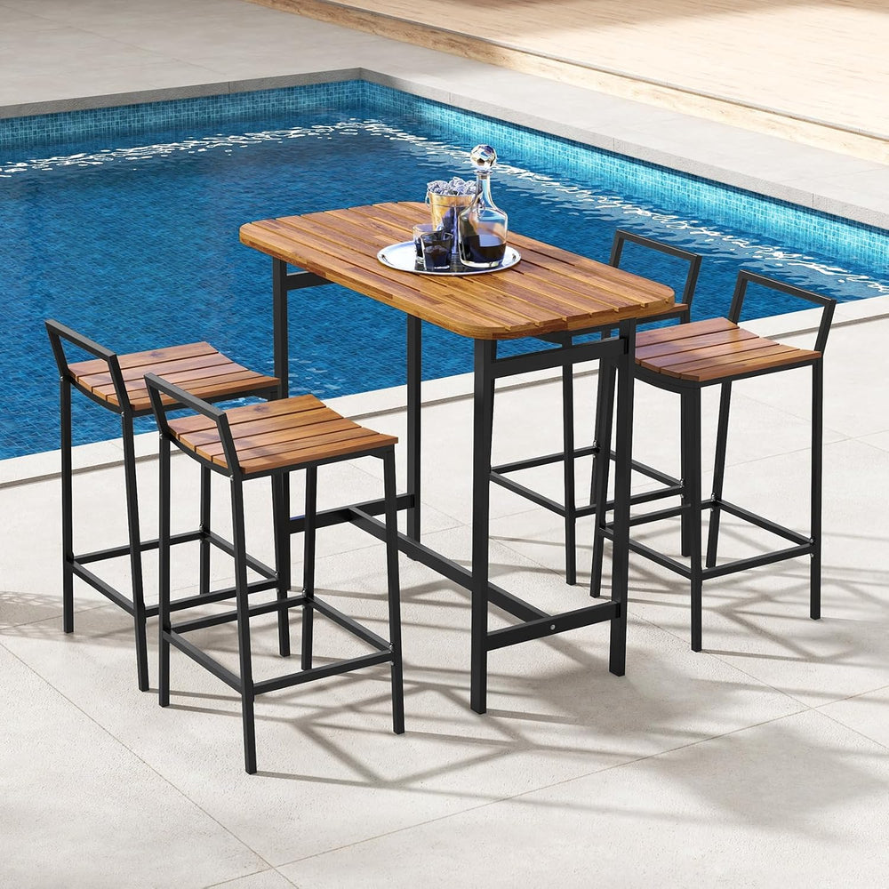 Tangkula 5 Piece Acacia Wood Bar Table Set, Outdoor Bar Height Table & Ch...