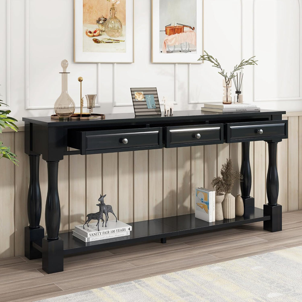 Knocbel Long Console Table with 3 Drawers & Bottom Open Shelf, Solid Wood...