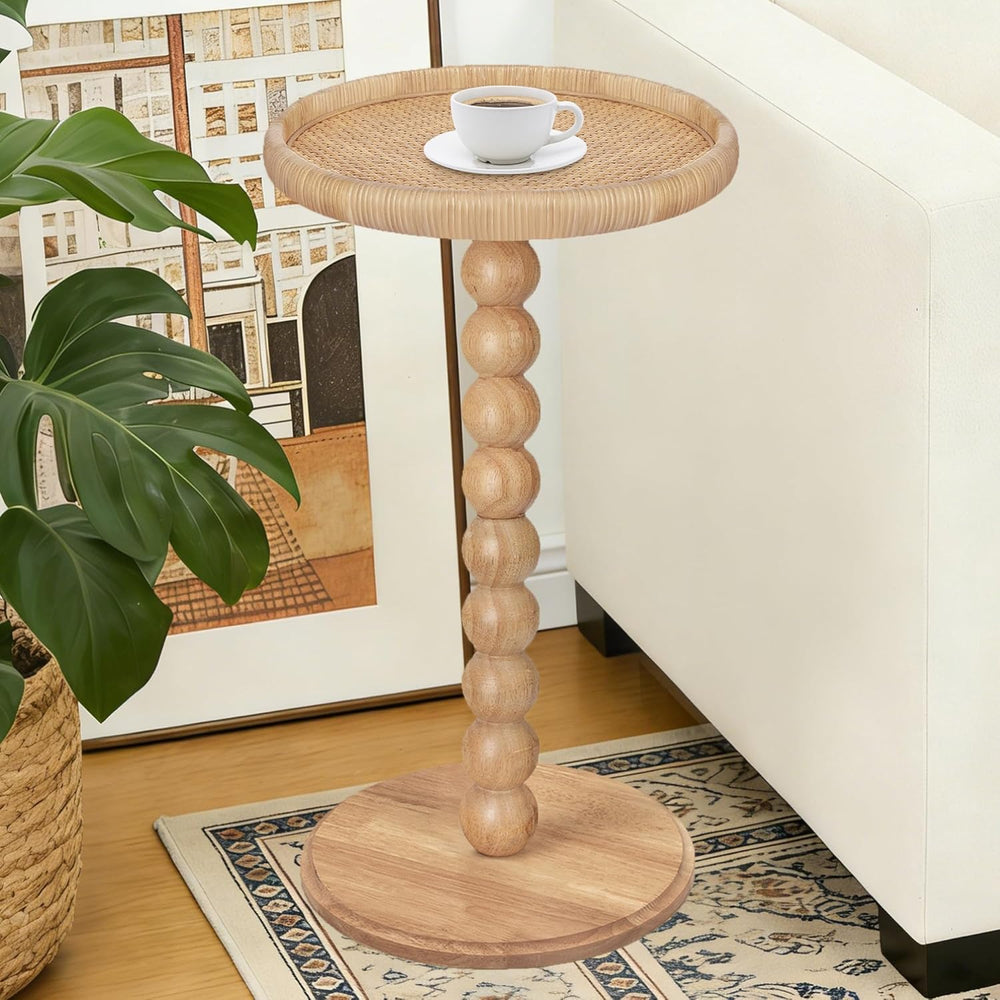Drink Table, Boho Rattan Small Round Side Table for Small Spaces, Solid Wood ...