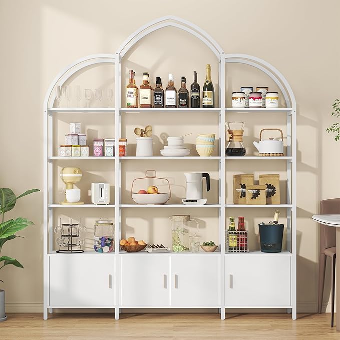 Triple Wide 5 Tier Tall Arched Bookshelf and Bookcase with 3 Cabinets, Indust...