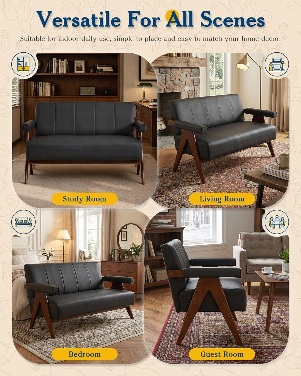 Mid Century Modern Black Faux Leather 3pcs Sofa Sets Solid Wood Frame