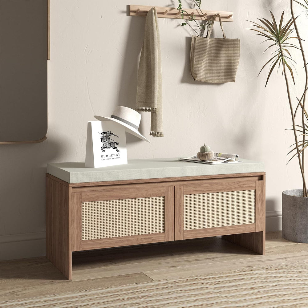 SOFTSEA 39.4" Shoe Storage Bench with Rattan Doors & Cushion, Natura...