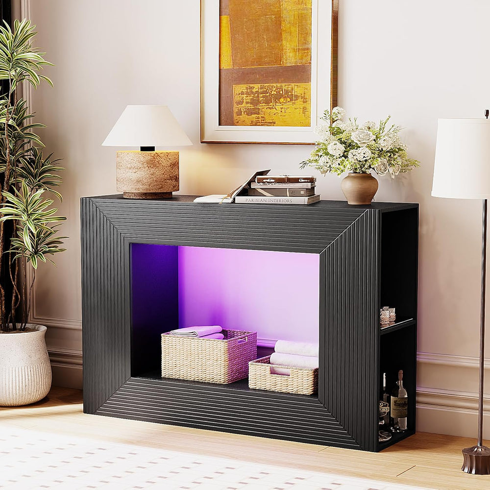 VINGLI 43" Fluted Entryway Table with Storage Shelves and Lights, Black ...