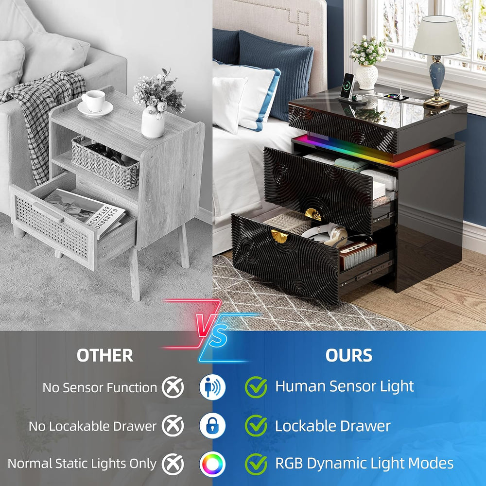 WOOVIVS Bedside Table with 2 Drawers and Sliding Top, RGB Color Changing Ligh...