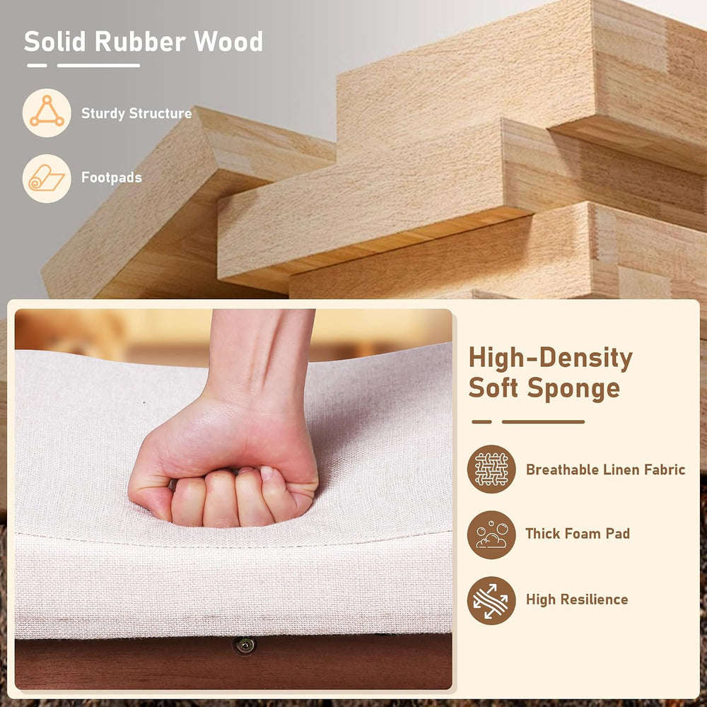 Vanity Stool with Linen Upholstery & Carved Solid Wood Legs | 17.7 Inch C...