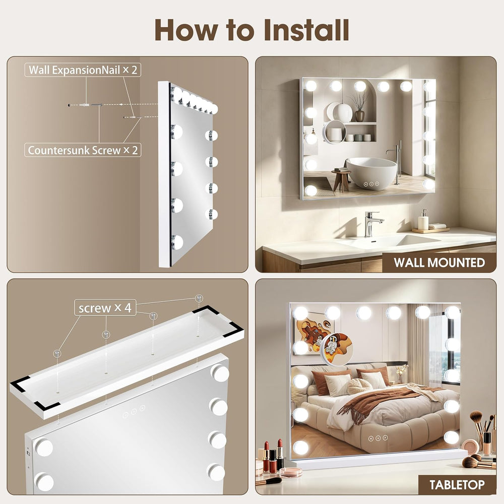 Vanity Mirror with Lights Lighted Makeup Mirror with Dimmable LED Bulbs,3 Col...