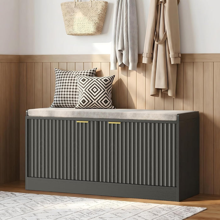Fluted Shoe Storage Bench with Cushion, 2-Tier Entryway Shoe Bench with Adjustable Shelves, Hidden Shoe Cabinet Bench with 2 Doors for Hallway, Living Room, Bedroom End of Bed,Black
