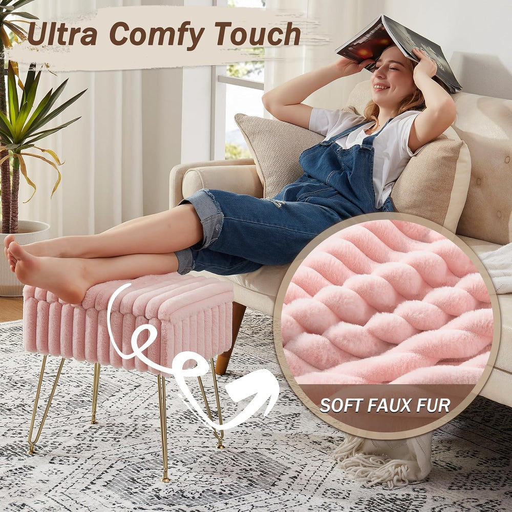 EBENCHICO Vanity Stool Chair with Storage, Faux Fur Stools for Vanity | Makeu...