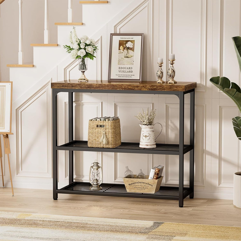 Besiost 32" Industrial Console Table with 3-Tier Storage, Oak Grey | Sma...