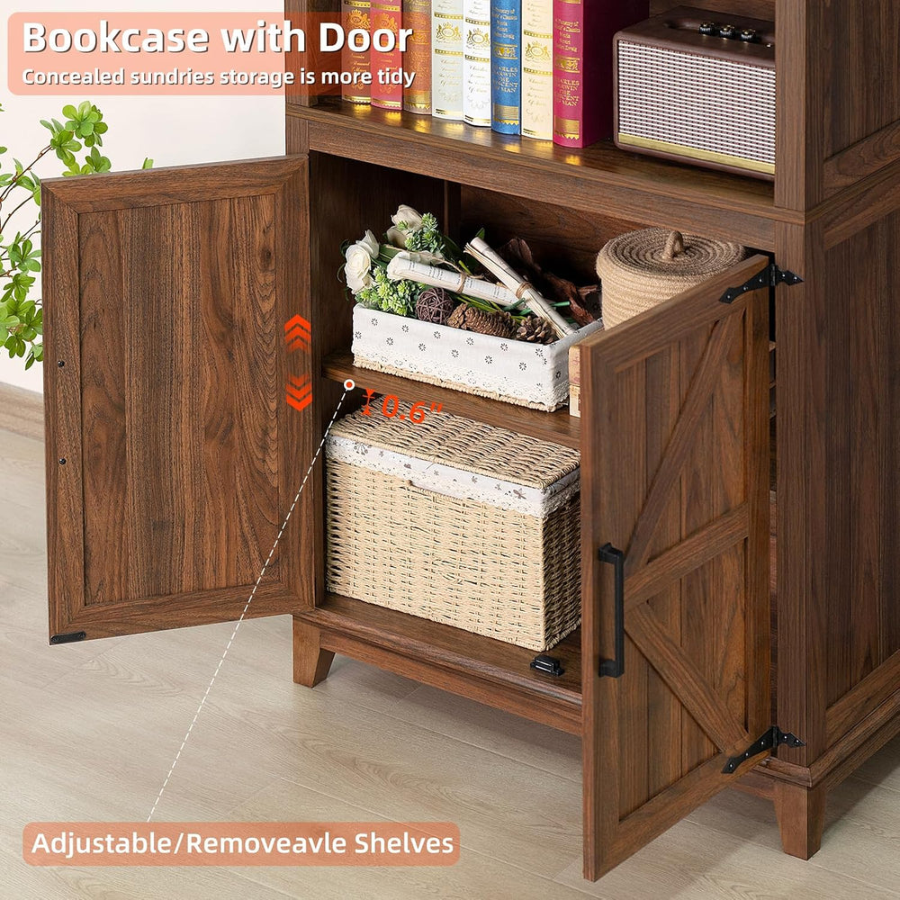Joaxswe 70in Tall Bookshelf 5 Tier Bookcase with Barn Doors and Adjustable Sh...