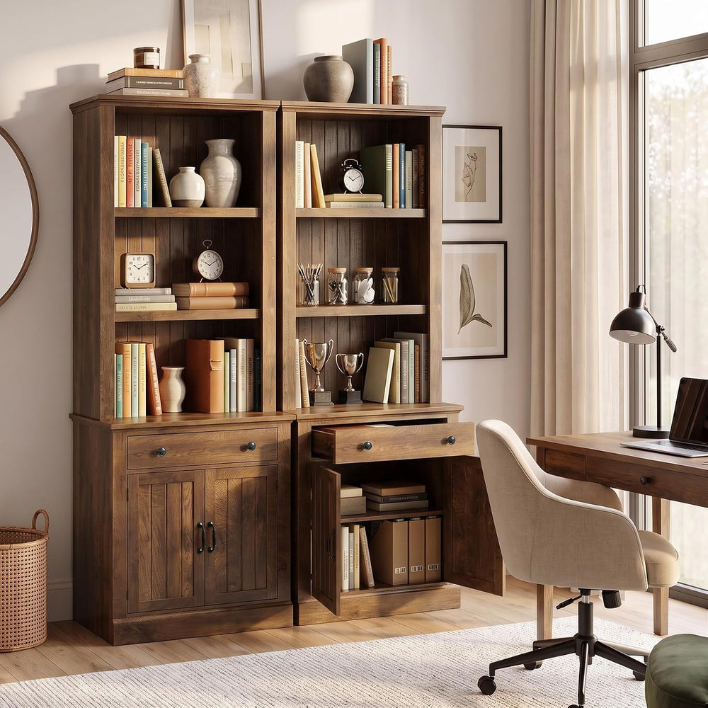 80" Tall Bookcase with Drawer and Doors, Farmhouse Bookshelf,Oak
