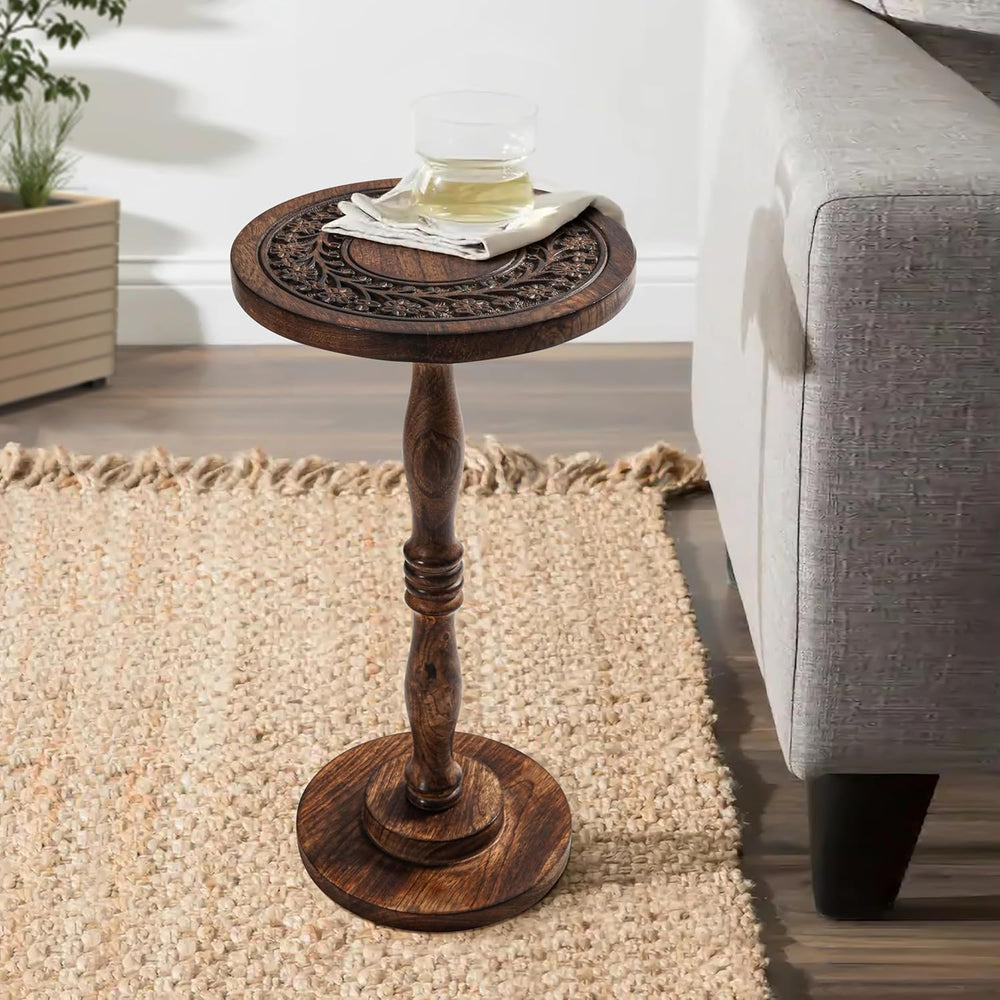 Rustic Wooden End Table 12x22 - Handcrafted Carved Side Table, Burnt Finish B...