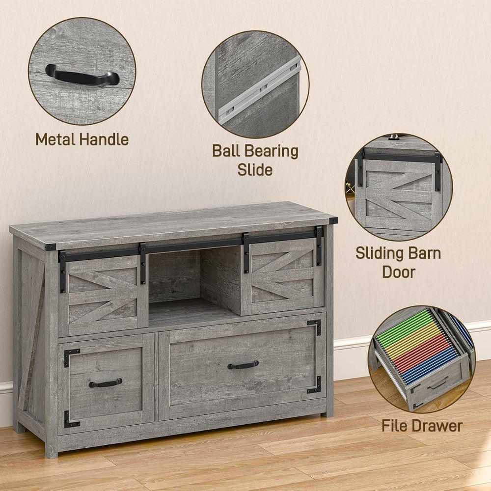 Halitaa Lateral File Cabinets 2 Drawer with Sliding Barn Doors, Grey | Farmho...