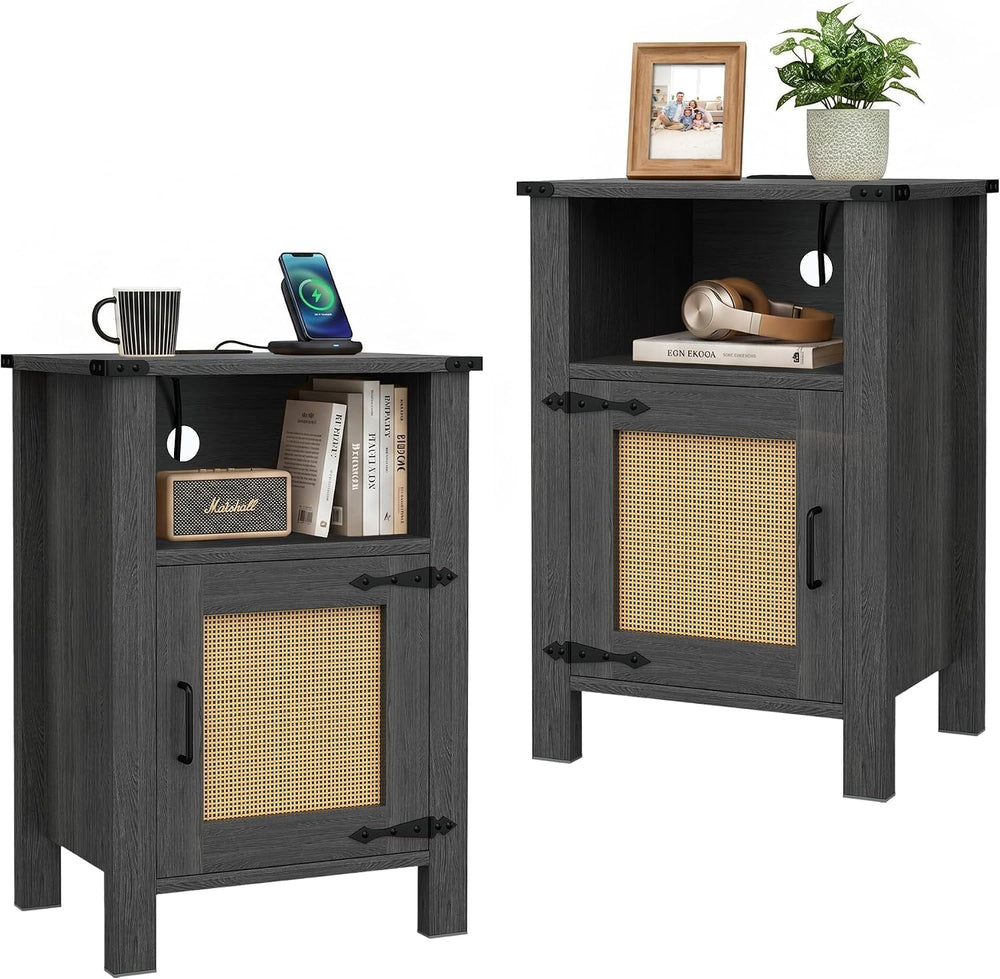 Miereirl Rattan Nightstand Set of 2 with Cabinet, Boho Farmhouse, Dark Gray |...