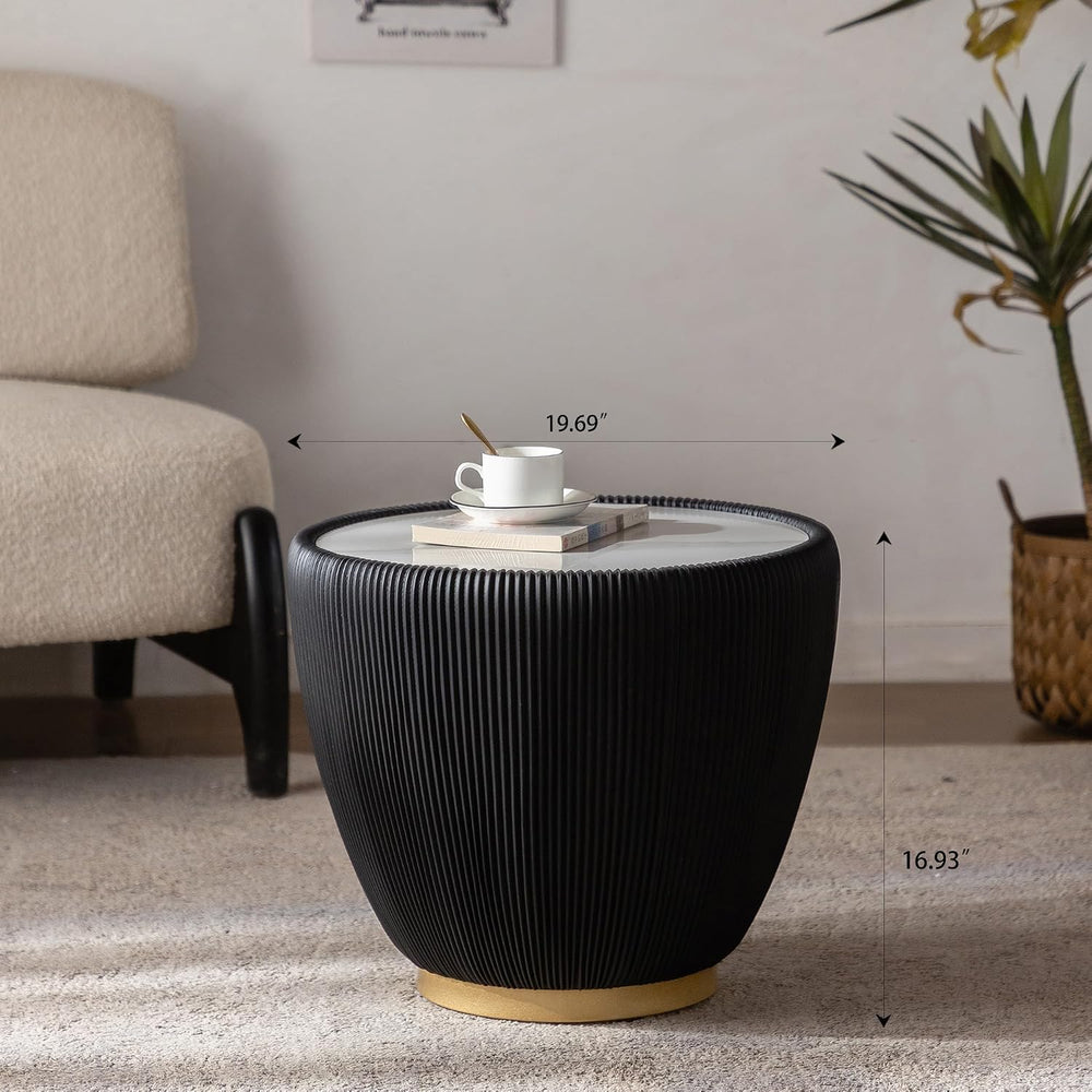 Black Round Coffee Table with Sintered Stone Tabletop, 19.69 Drum Coffee Tabl...