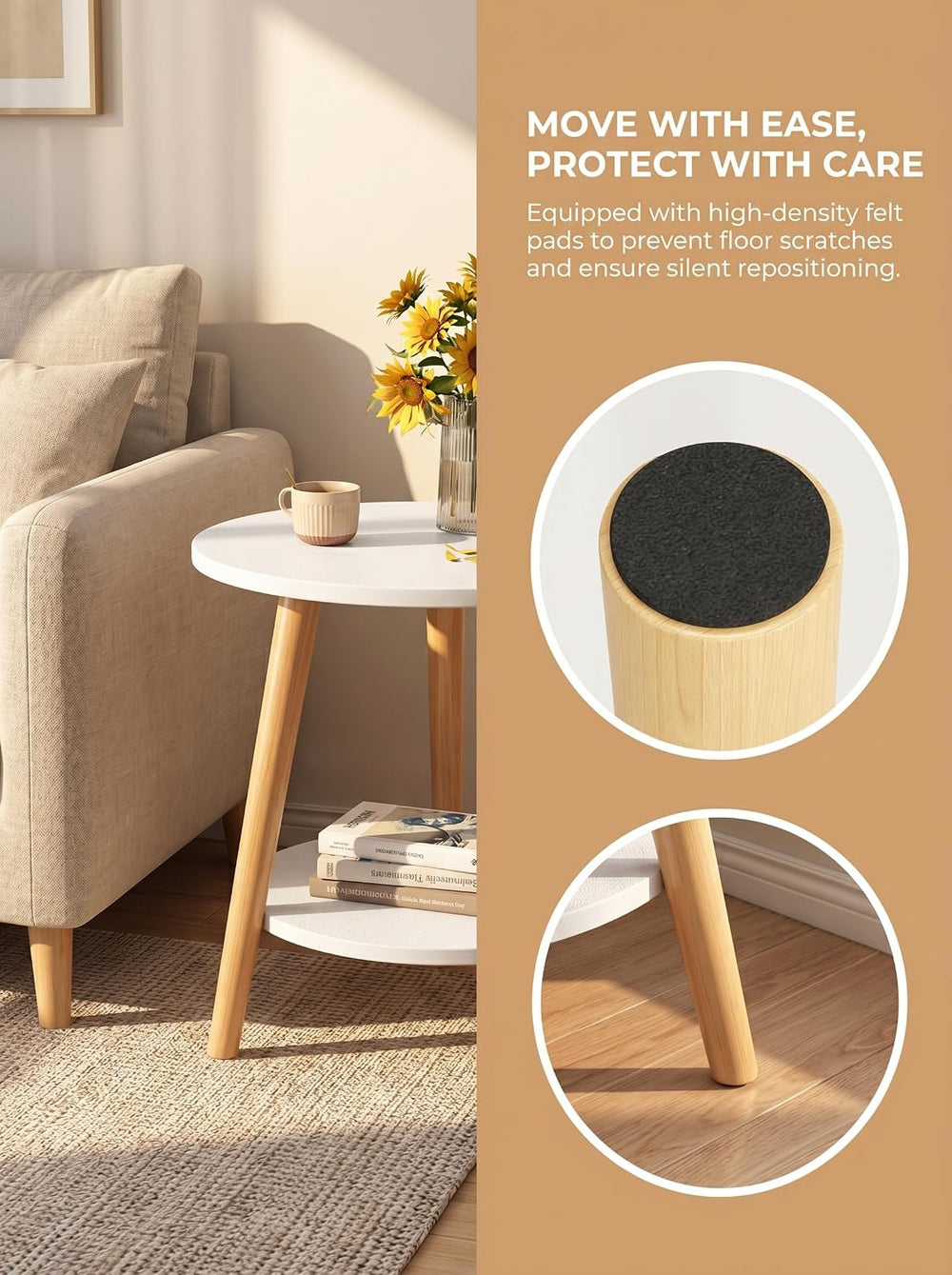 Round Side Table 2-Tier Wood Coffee Table Night Stand with Stable Triangle Le...