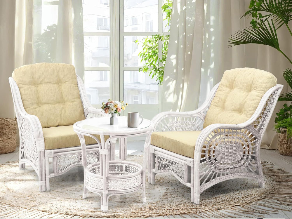 Malibu Living Set of 2 Chairs Natural Rattan Wicker Handmade with Cream Cushi...