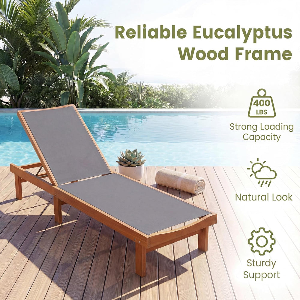 COSTWAY Set of 2 Patio Wood Chaise Lounge Chair, Strong Eucalyptus Wood Frame...