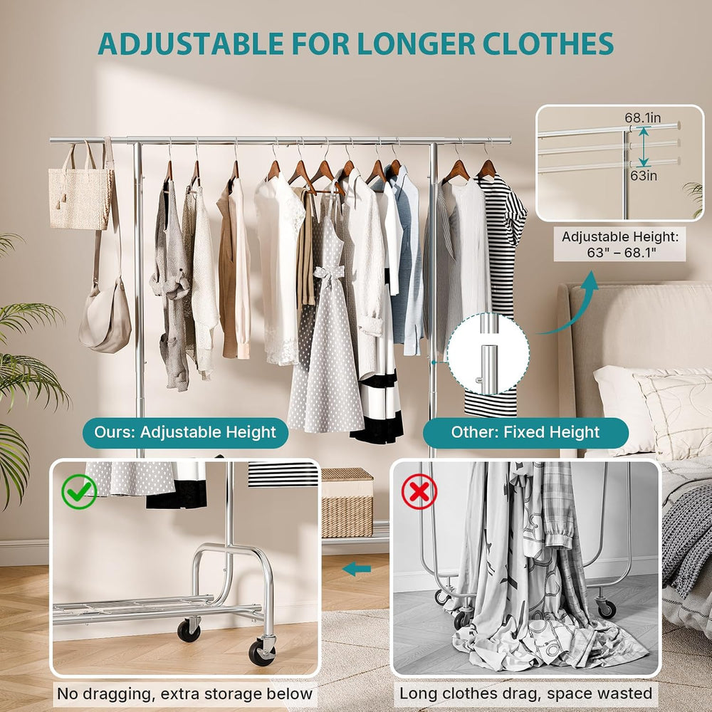 OLIXIS Heavy Duty Clothes Rack, Clothes Rack with Wheels, 450lbs, Silver