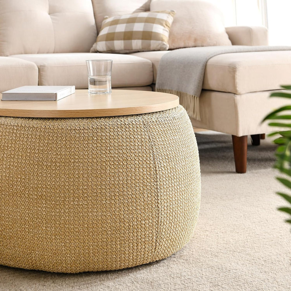 Round Storage Ottoman, 2 in 1 Function, Work as End Table and Ottoman, Natura...