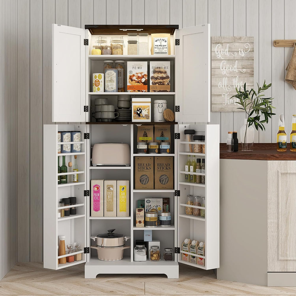 HOMCOM 64" Kitchen Pantry Cabinet with LED Motion Sensor Light, Farmhous...