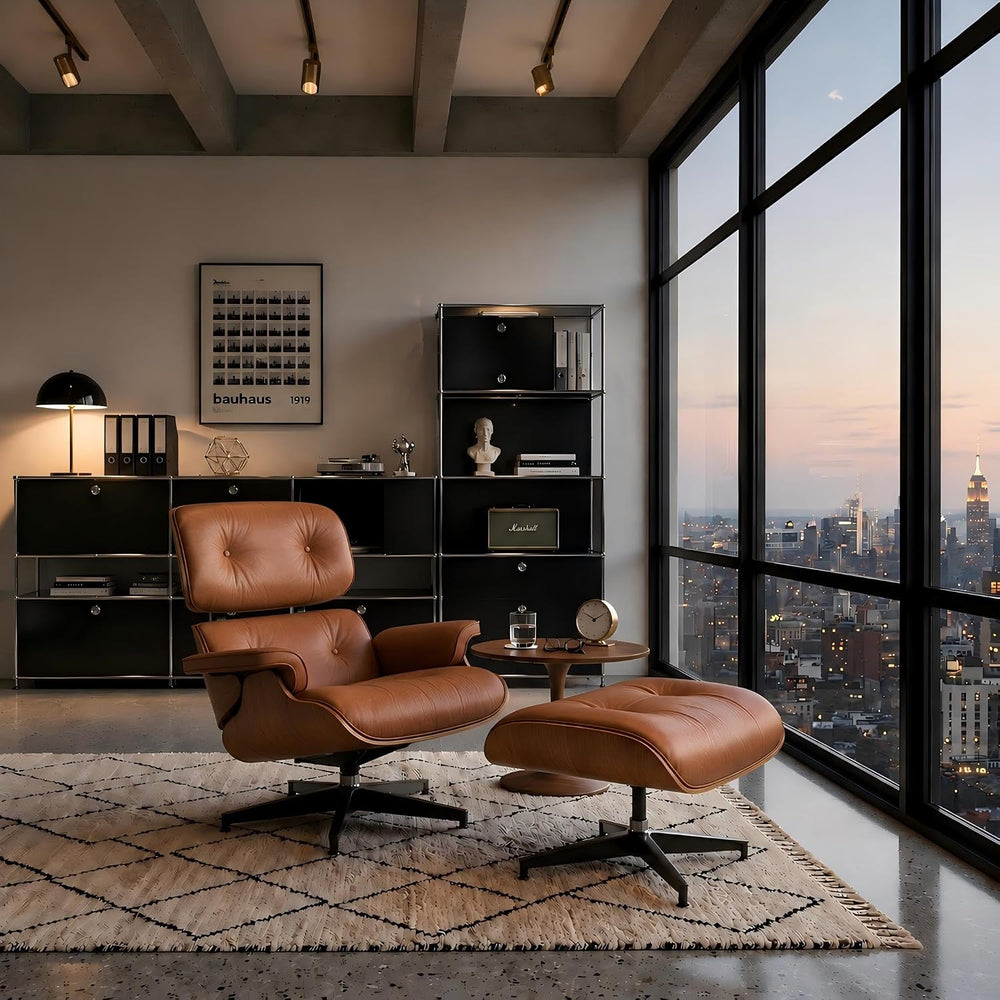 Top Black Grain Leather Mid Century Chaise Lounge Chair and Ottoman, Reading ...