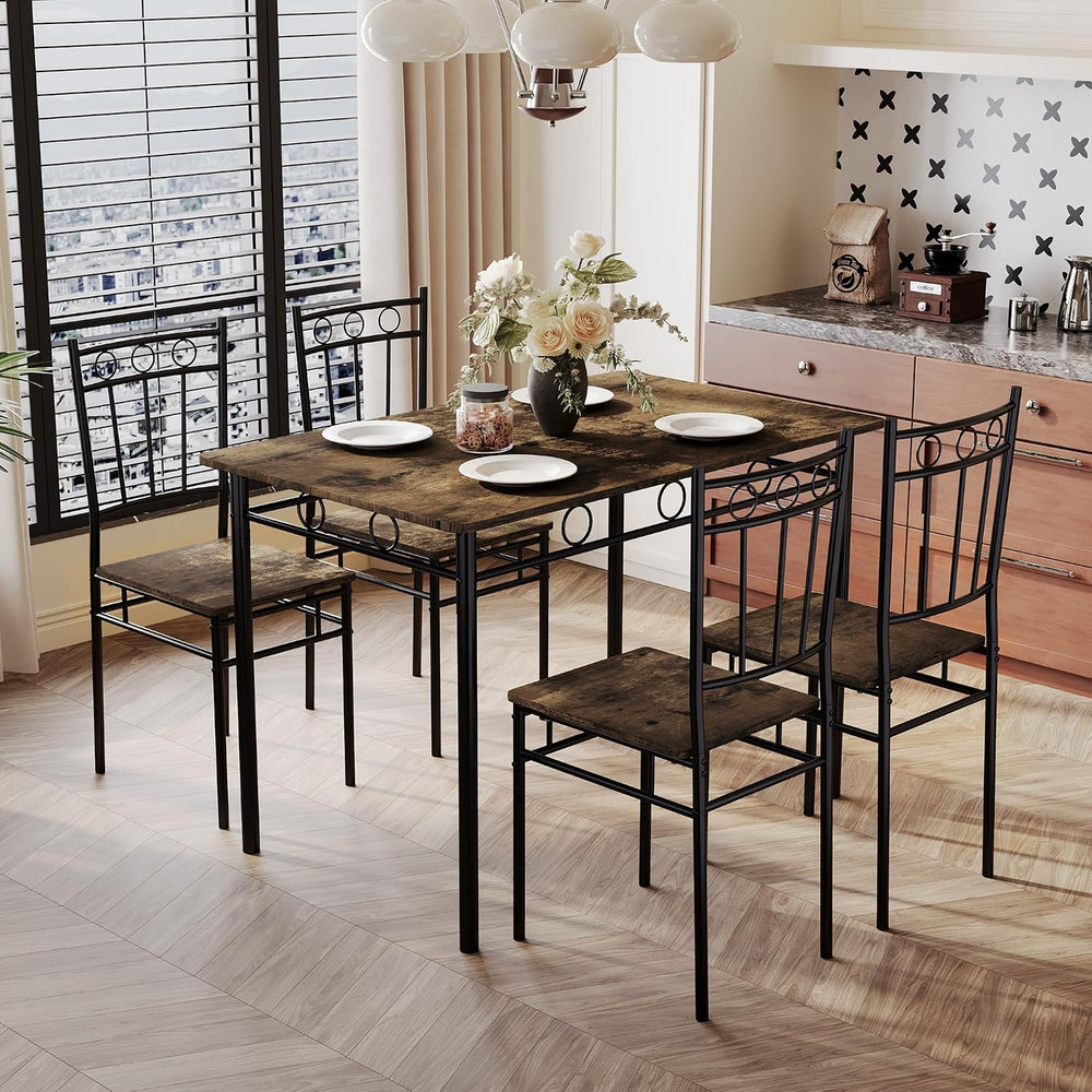 5 Piece Dining Table Set, Modern Metal&Wood Kitchen Dinner Table with 4 C...