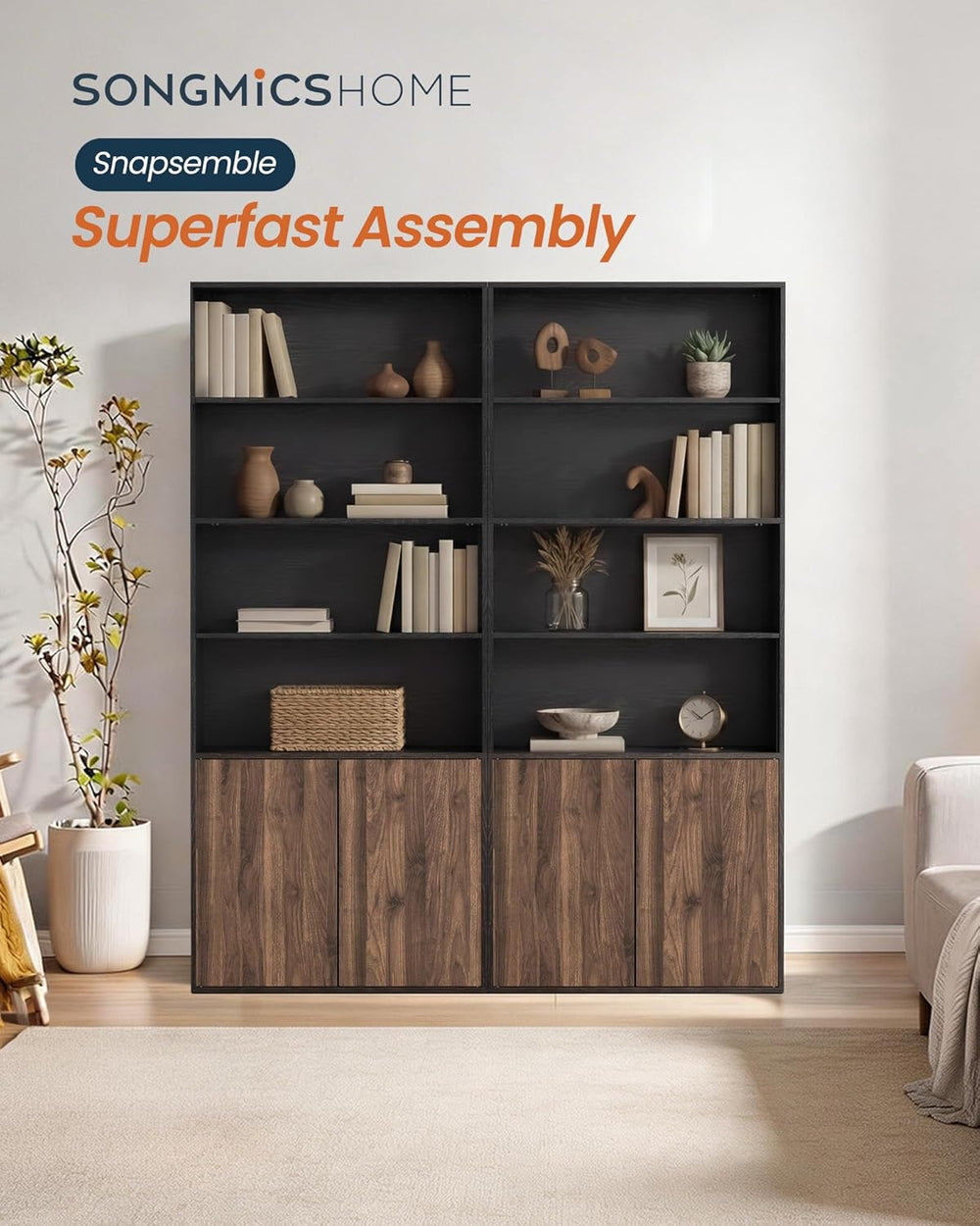 SONGMICS Home Book Shelf, Snapsemble Superfast Assembly, 6-Tier Floor Standin...