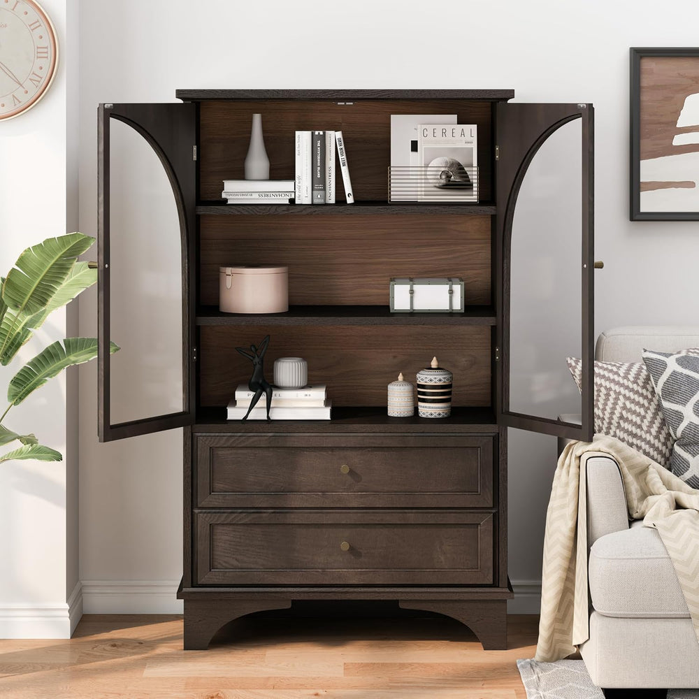 52.17" Tall Display Cabinet with Arched Glass Doors (Brown) | Farmhouse ...