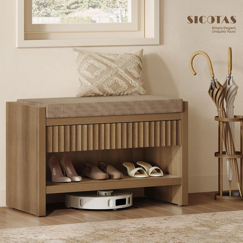 SICOTAS Fluted Shoe Bench with Cushion & Drawer for Entryway, Caramel Oak...