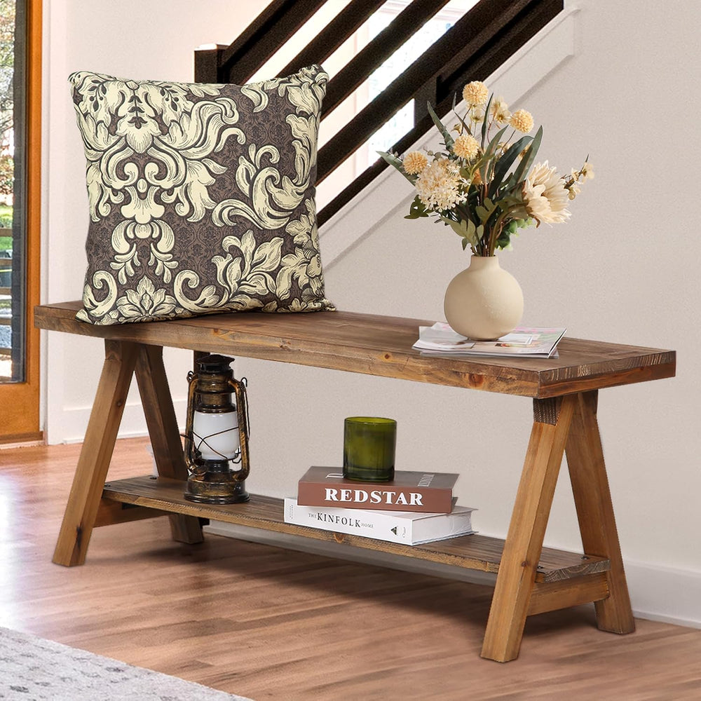 Wnutrees 43" Farmhouse Solid Wood Bench, Rustic Indoor Storage Bench | E...