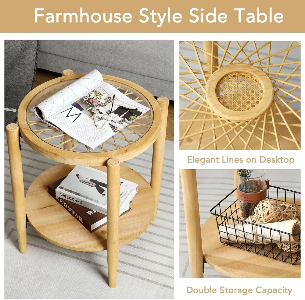 RUSTOWN Rattan Nightstands Set of 2,Boho Wood Round Side Tables, 2-Tier Natur...