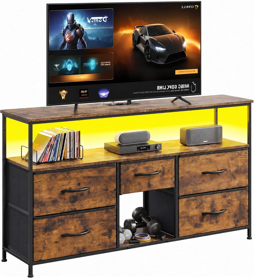 EnHomee TV Stand for Bedroom with LED & Outlets, 5-Drawer Storage, Brown ...