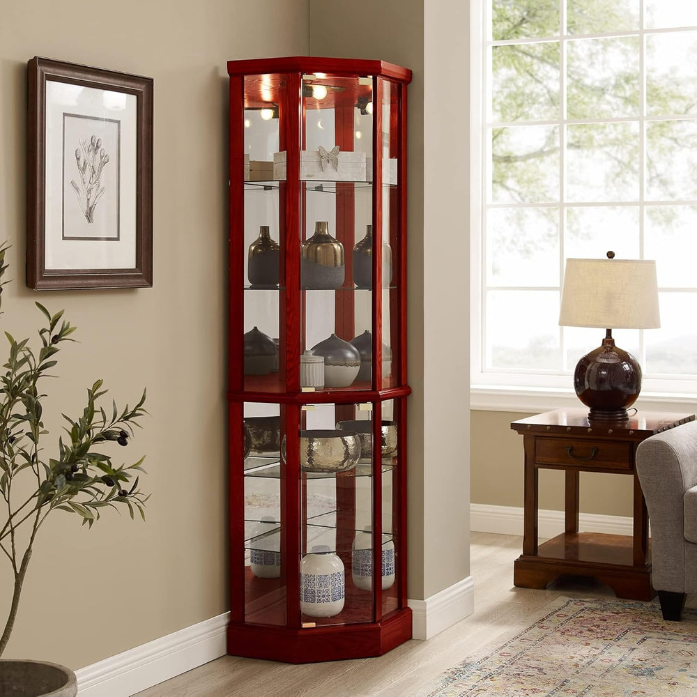 Corner Curio Cabinet, 70" Tall Lighted Glass Display Cage with Tempered ...