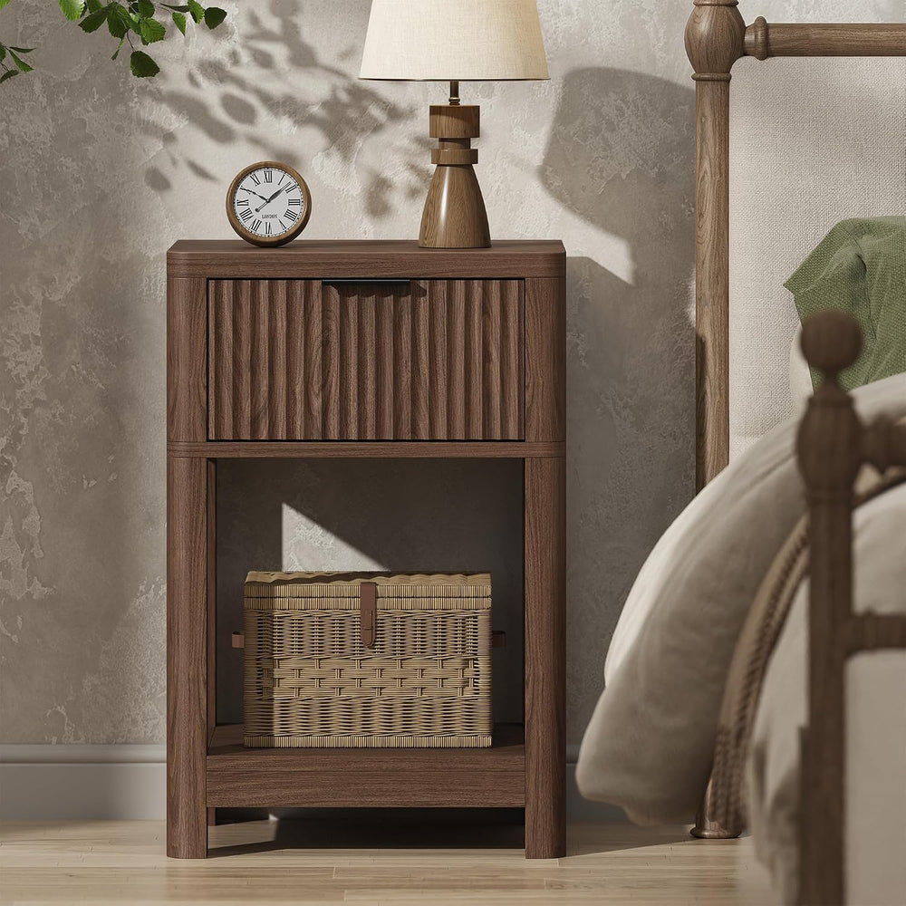 MECHYIN Nightstand Set of 2, Fluted Bedside Table with Drawer & Open Shelf